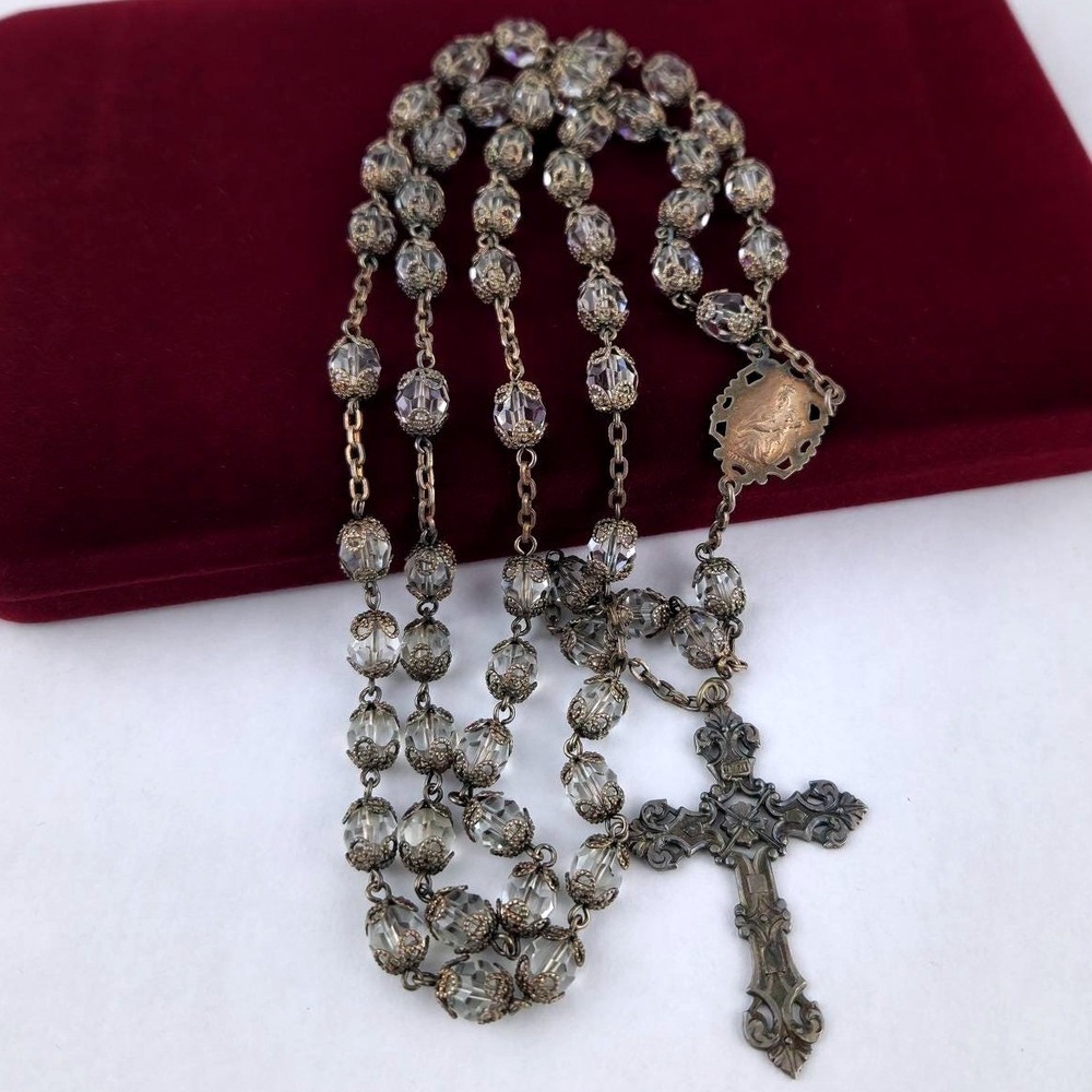 Vintage Sterling Silver Rosary 90g Clear Faceted Crystal Gothic Crucifix